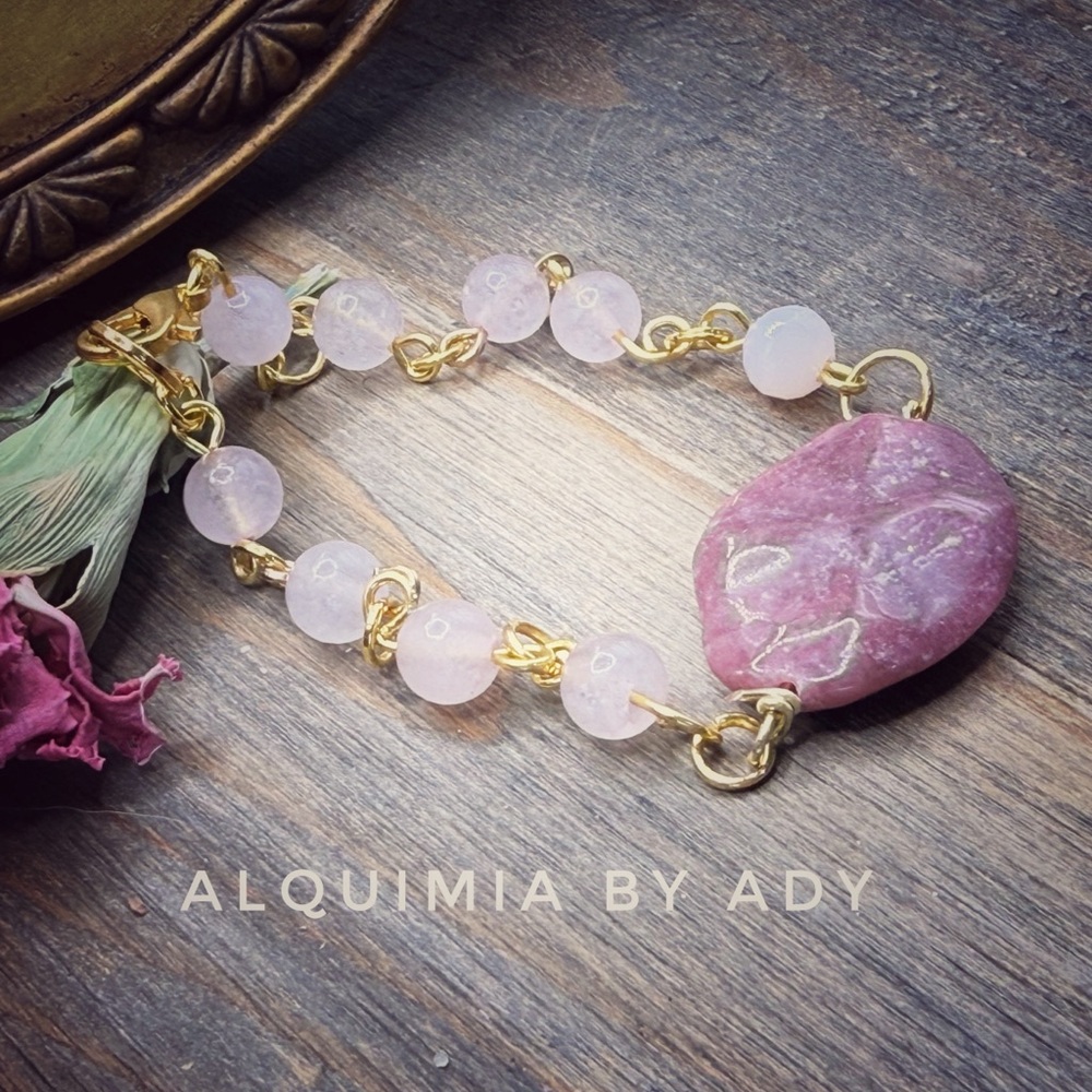 Gold + pink quartz + rhodonite bracelet - Picture 2 of 2